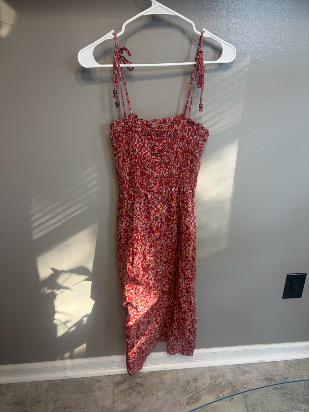 Floral Smocked Midi Dress with Tie Straps - Red